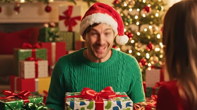 Man in santa hat and green sweater with shocked expression covering mouth in front of christmas tree and gift box christmas gift reaction