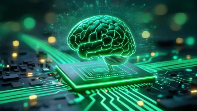 Vibrant neon brain model hovering above a green illuminated microchip symbolizing artificial intelligence machine learning and technological innovation