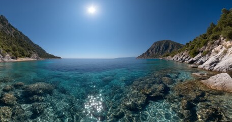 Fototapeta premium Panoramic hdr view of serene coastline clear waters nature landscape