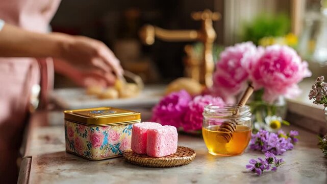 Medium shot of preparing a springthemed subscription box featuring vibrant floral decorations and fresh natural products evoking renewal and freshness.