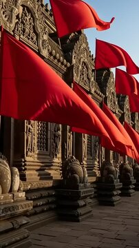 Ancient Temple with Red Flags.