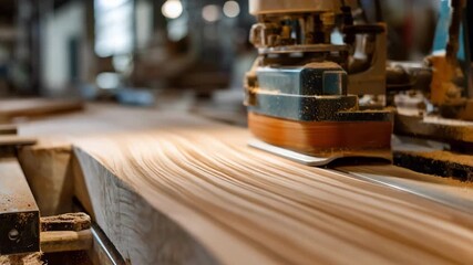 Medium shot of an electric highspeed planer swiftly smoothing a thick timber highlighting the sleek design and powerful motor in a modern woodworking shop