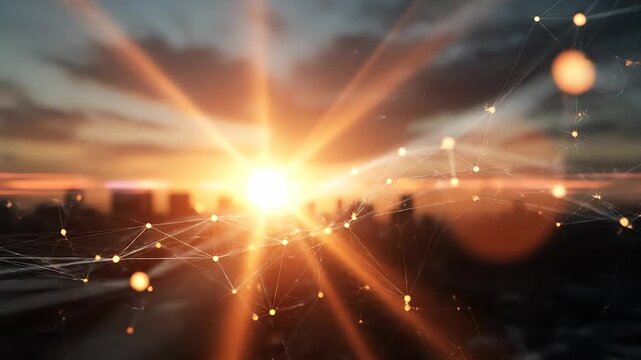 As the sun sets, vibrant connections illuminate the skyline, creating a stunning display of light and color. The warm glow highlights the intricate lines that weave through the cit