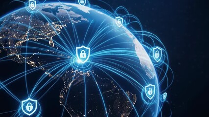 Global network security concept featuring data protection shields connected across the illuminated Earth symbolizing worldwide cybersecurity and technological defense - Powered by Adobe