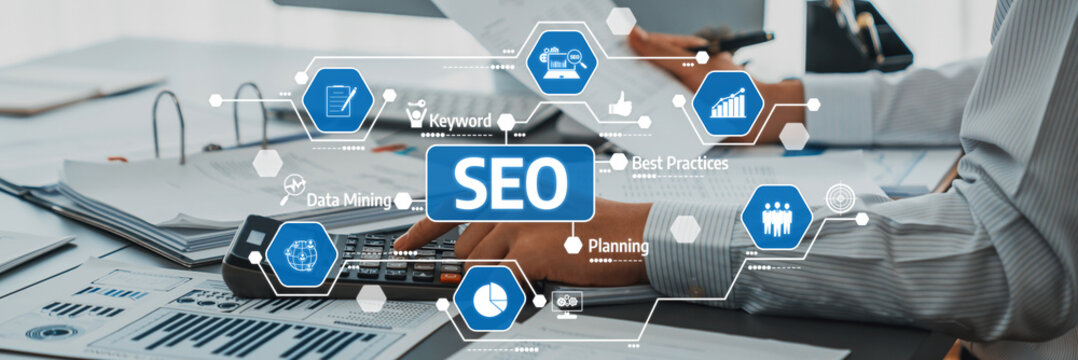 This image illustrates effective SEO strategies and planning techniques essential for digital marketing success through data analysis and performance metrics. Amity