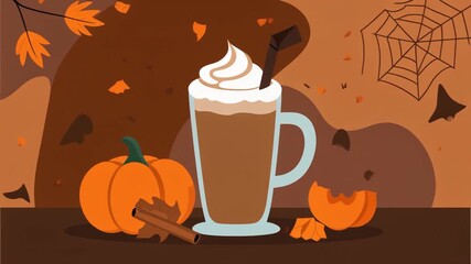 Pumpkin Spice Delight: Embrace the cozy allure of autumn with a festive arrangement. This inviting illustration showcases the essence of the season with a pumpkin, cup of coffee, and leaves.