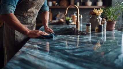 Medium shot of a worker carefully fitting a polished granite countertop in a modern kitchen highlighting the sleek texture and durability of the stone surface.