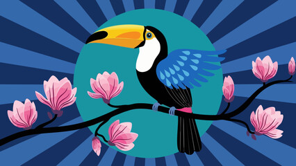 Obraz premium Colorful toucan perched on a flowering branch against a vibrant sunburst background