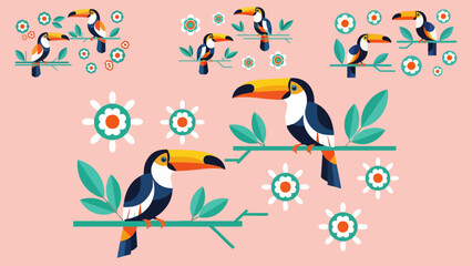 Obraz premium Tropical toucans perched on branches with flowers in a colorful flat design pattern