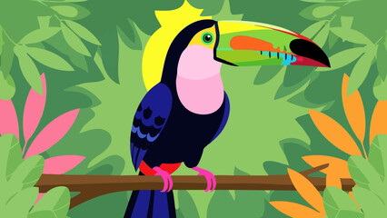Obraz premium Colorful toucan perched on a branch in a vibrant tropical jungle illustration