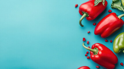 fresh red and green bell peppers on blue background with copy space