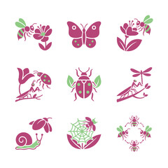 Nine pink and green icon elements of insects and garden creatures interacting with flowers and plants vector set.