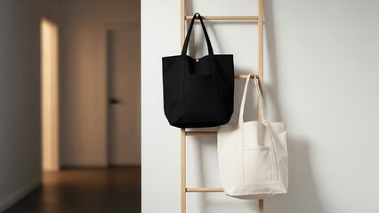 Two stylish tote bags hanging on a wooden rack in a hallway