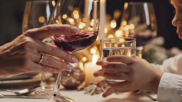 Adult hand with red wine glass and child's hand holding water with stop gesture at festive dinner for alcohol moderation concept and family values.