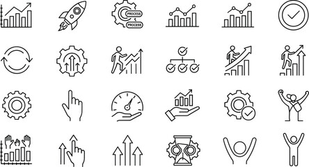Obraz premium Set of outline icons representing business process optimization, performance improvement, startup success, financial growth charts, productivity, 