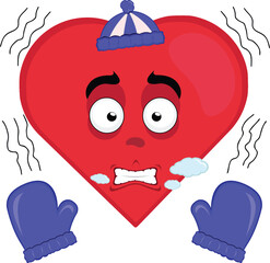 vector illustration emoticon character heart cartoon shivering cold, wearing gloves and a winter hat, with breath vapor in his mouth