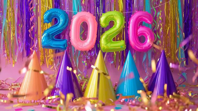 Colorful party hats and balloons spelling out the year twenty twenty six