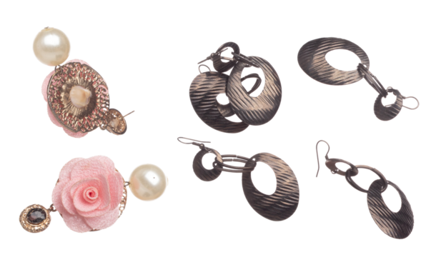 Fashion pearl Earrings with beautiful work detail is value. Luxury deep sea pearl diamond earring is fashion trend and fly in air. White background isolated