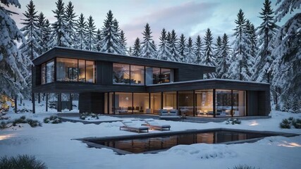 Experience luxury winter living in stunning modern home nestled in serene snowy forest, perfect for holiday retreat and peaceful relaxation