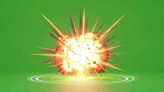 Bomb explosive ignition with fuse burning down, culminating in a powerful burst and shockwave on a green screen.