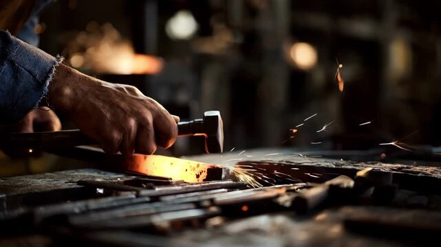 Medium shot of skilled workers forging copper busbars highlighting sparks flying and precise hammering to shape conductive metal parts.