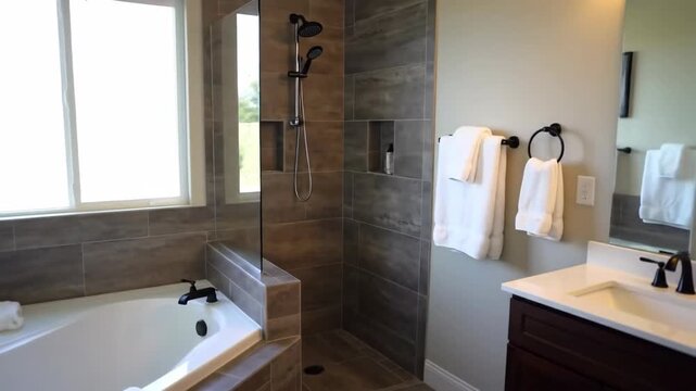 Modern bathroom interior featuring bathtub and shower area