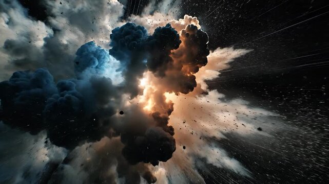 A colossal explosion of clouds bursts forth, radiating brilliant light and dynamic streaks into the surrounding atmosphere. The surging energy and shadows create a mesmerizing cele