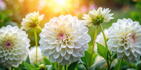 Fototapeta premium Elegant white dahlia flowers nestled among rich green foliage with delicate red accents, set against a warm sunlit background, floral arrangement, elegant blooms