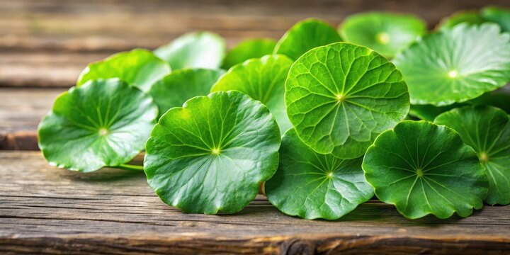 Close-up detailed view of vibrant fresh green Centella asiatica leaves on a natural wooden table background, forest plants, botanicals