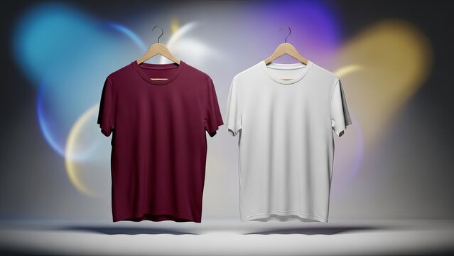 Two plain t shirts hanging on hangers against a colorful abstract background