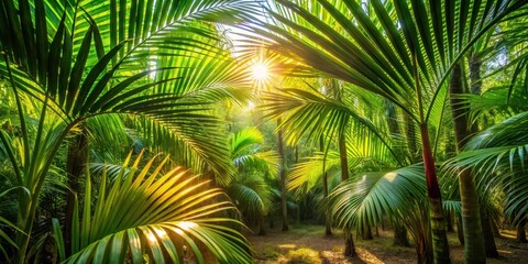 Fototapeta premium Warm sunlight filters through dense palm fronds on a tropical tree, casting dappled shadows on the forest floor , summer sun, forest atmosphere