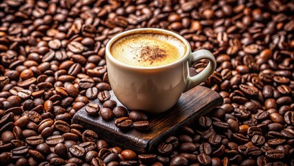Fototapeta premium Espresso shot in a cup with milk foam and chocolate powder on top surrounded by coffee beans, caffeine