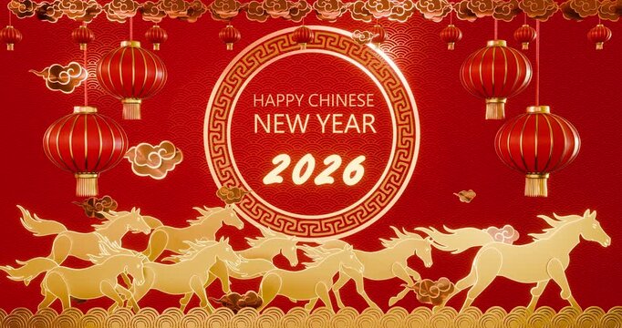 Lunar New Year 2026 horse zodiac composition with glowing lanterns, golden accents, and traditional red patterns celebrating Asian cultural heritage 3D Rendering
