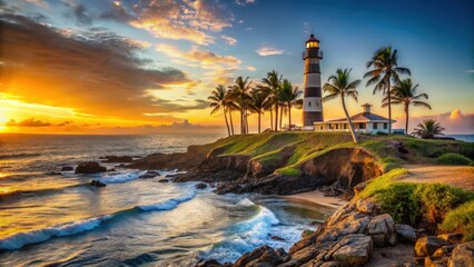 Lighthouse in Barra Beach at sunset with rugged coastline and palm trees, ocean view, sunset