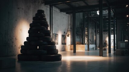 Modern industrial interior with artistic tire installation in spacious warehouse