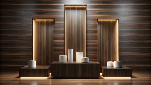 Sleek, modern pedestal set against a rich, dark wood tone backdrop with subtle LED lighting effects, ideal for high-end beauty products display , led lighting, sophistication