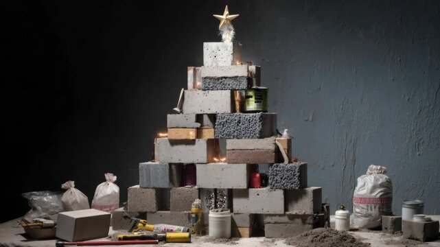 Creative brick christmas tree with tools and cement decor
