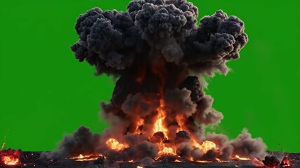 A massive explosion with a large mushroom cloud against a green screen background. - Powered by Adobe