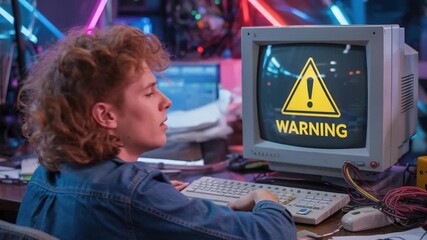 Frustrated hacker faces cybersecurity threat with warning flashing on retro monitor in a dimly lit room with neon lights, creating a sense of urgency - Powered by Adobe