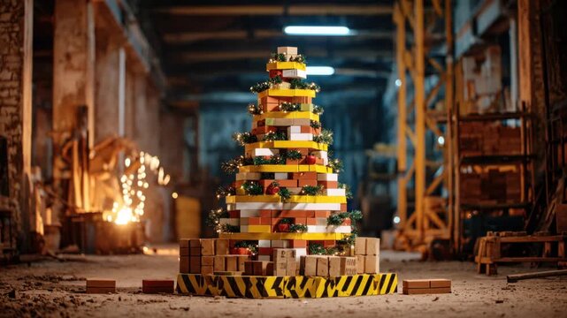 Industrial christmas tree made from wooden planks and tools in festive warehouse setting