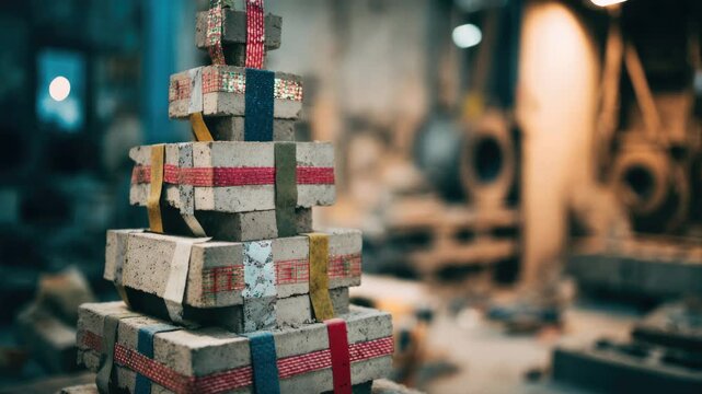 Stacked cement blocks with colorful straps in industrial warehouse setting