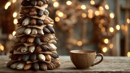 Rustic coffee cup with natural cone decor against warm bokeh lights