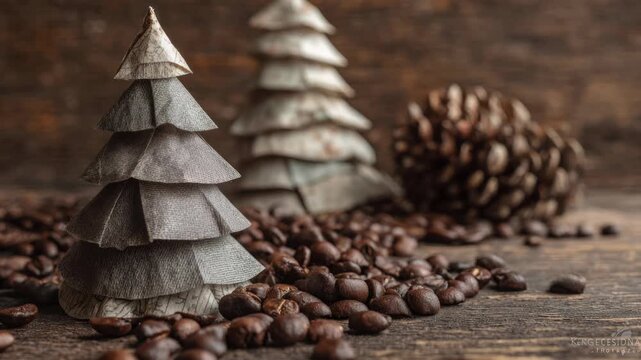 Rustic wooden christmas trees with coffee beans and pine cones on wooden background