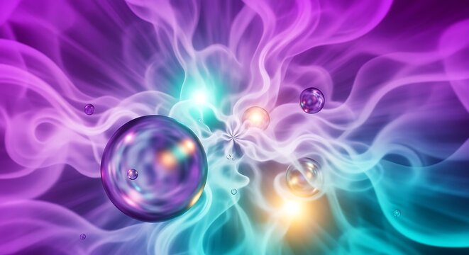 Iridescent spheres floating amidst abstract ethereal vapors and vibrant gradients - Powered by Adobe