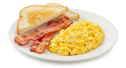 明るく清潔な白い背景で輝く朝食プレート ふわふわスクランブルエッグとカリカリベーコン焼きたてトーストが食欲を刺激. AI Generated