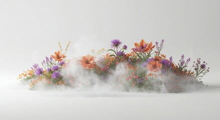 柔らかな光に照らされた色とりどりの花々が神秘的な白い霧の中から優しく姿を現す夢のような情景. AI Generated