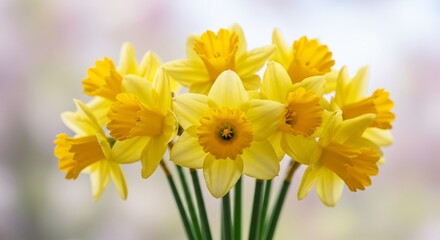 柔らかな春の自然光が鮮やかに照らす黄色のラッパスイセンの美しいブーケ 背景が優しくぼかされ花々の生命力が際立つクローズアップ. AI Generated