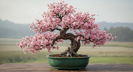 早朝の柔らかな光に優しく照らされた満開の桜盆栽が静かに佇む繊細なピンク色の花弁と力強い古木の幹が美しい春の風景. AI Generated