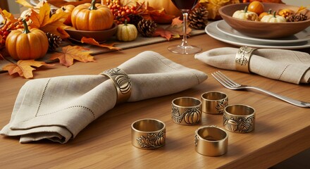 Thanksgiving Table Setting with Napkins, Rings, and Pumpkins.