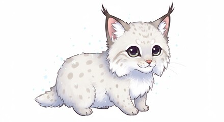 やわらかな光に包まれつぶらな瞳で好奇心いっぱいに見つめるふわふわの白い子リンクス 可愛く描かれた動物イラスト. AI Generated